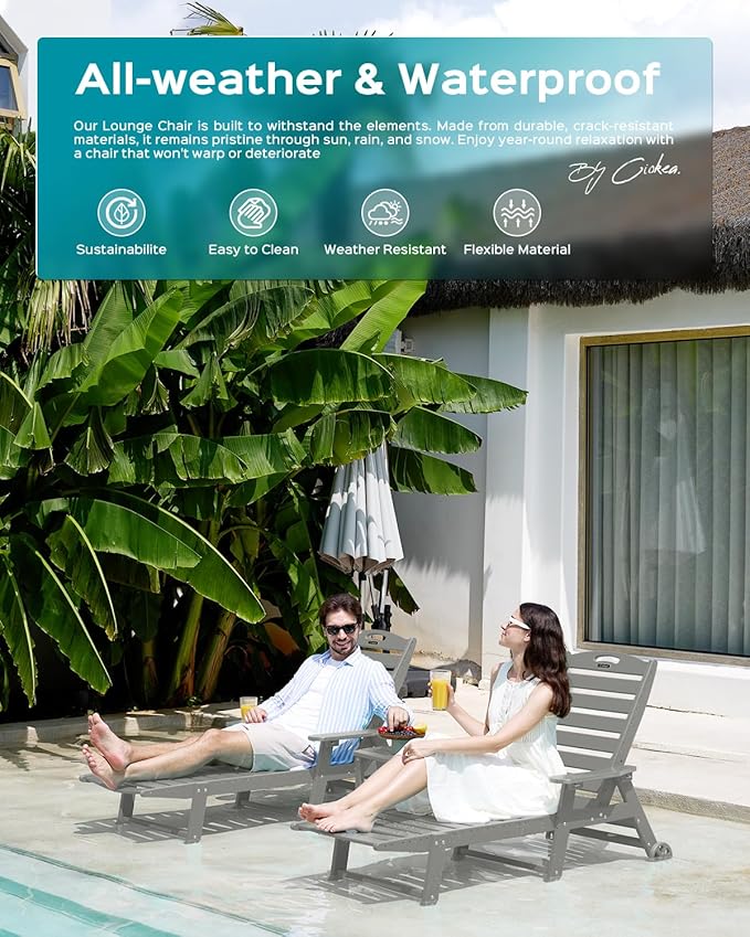 Ciokea Lounge Chair Outdoor, Oversized Chaise Lounge Chair with 5 Positions, HDPE, Patio Lounge Chair with Wheels & Cup Holder for Pool, Deck, Poolside, Grey CIOKEA