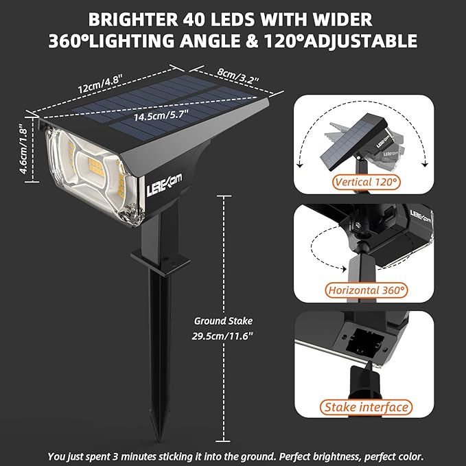 3 Brightness Modes Solar Outdoor Lights with Super Bright 40LEDs, 360 Adjustable Lighting Angle, USB Charging, Longer Working Time, Waterproof, Patio, Porch, Driveway LEREKAM