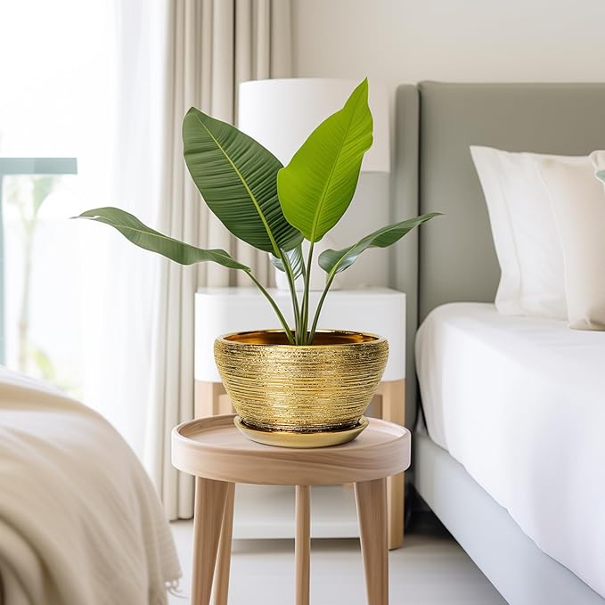 Ceramic Plant Pot Indoor - 9 Inch Planters for Outdoor Plants Decorative Plant Pot with Drainage Hole and Saucer Round Planter Modern Flower Pot Decorative for House Decor Gold Ceramicfor