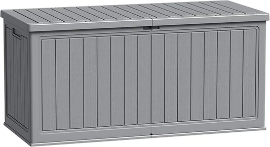 Flamaker Resin Deck Box 270 Gallon, Waterproof Imitation-Wood Lockable Storage Box with Separator Plate Outdoor Indoor, Garden, Patio Furniture for Tools&Pool Accessories (Gray) Flamaker