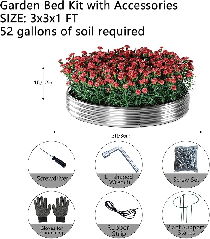 Galvanized Metal Planter Round Raised Garden Bed Kit for Gardening Outdoor，3x3x1ft 2 Grow Garden Box Raised Flower Bed，Round Galvanized Planter Outdoor Large Metal Fire Pit Ring ZFHgarden