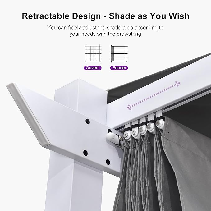 PURPLE LEAF 10' x 13' Outdoor Retractable Pergola with Light Aluminum Patio White Pergolas with Double Sun Shade Canopy for Gardens Deck Backyard, Grey Rootora