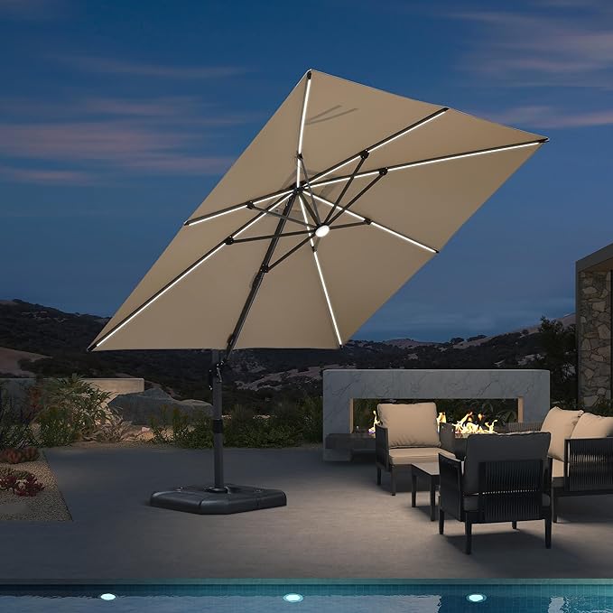 PURPLE LEAF 10 Feet Patio Umbrella Outdoor Cantilever Solar Powered LED Square Umbrella Aluminum Offset Umbrella with 360-degree Rotation for Garden Deck Pool Patio, Beige PURPLELEAF