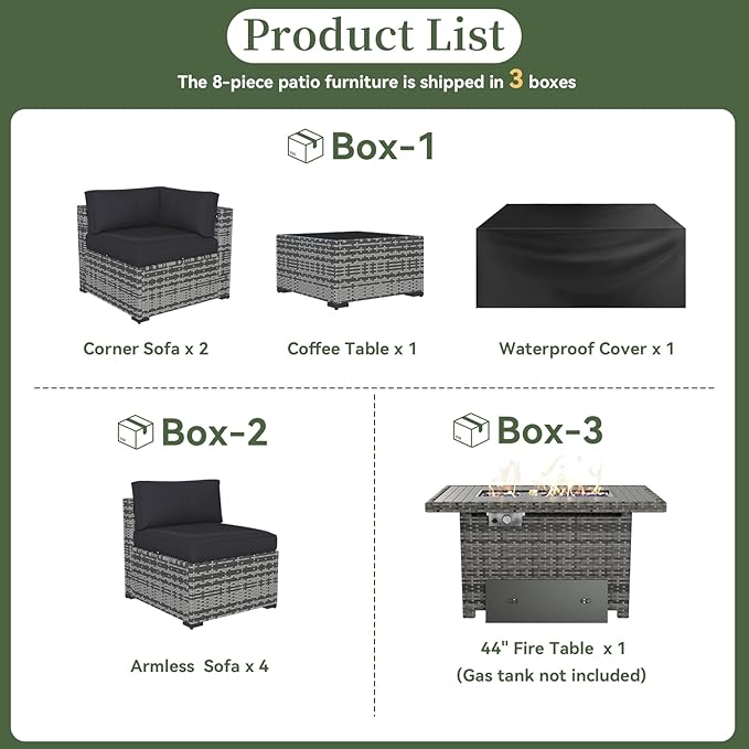 Aoxun 8 Piece Patio Furniture Set with 44'' Fire Pit Table Wicker Rattan Patio Conversation Set Outdoor Sectional Sofa Set with Coffee Table, Grey/Black (Waterproof Cover Included) Aoxun