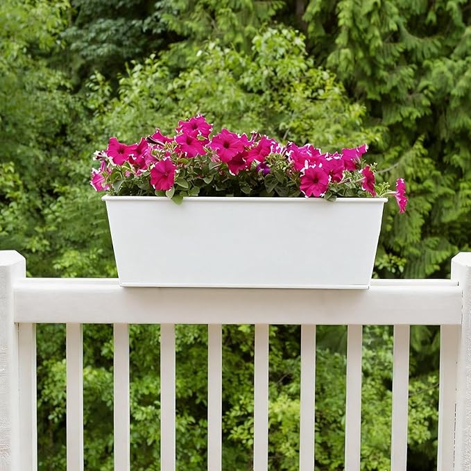3 Pack Metal Railing Planters, 16 Inch Large Rectangular Hanging Flower Pots with Detachable Hooks & Drainage Holes, Fits Rails up to 2.5", Galvanized Iron Window Box for Balcony Garden - White MeltsetM