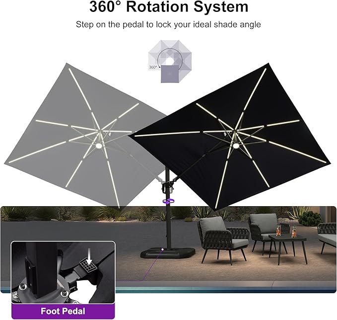PURPLE LEAF 10 Feet Patio Umbrella with Base Outdoor Patio Solar Powered LED Swivel Square Umbrella Aluminum Offset Umbrella with 360-degree Rotation for Garden Deck Pool Patio, Navy Blue PURPLELEAF