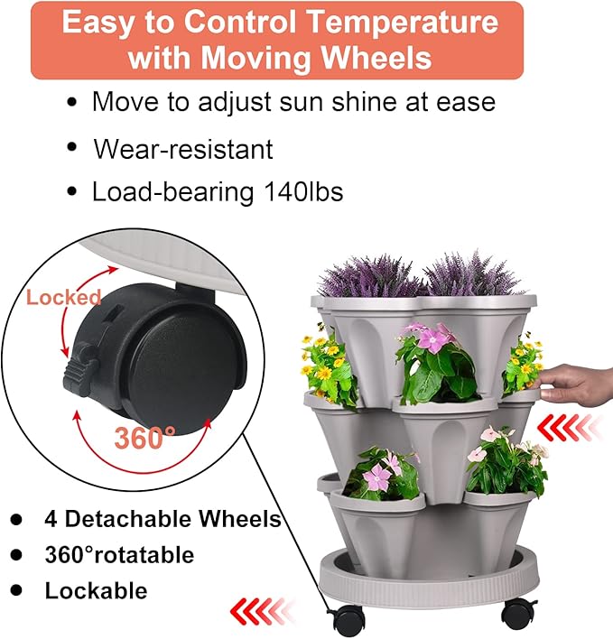 DUNCHATY Stackable Planter, Vertical Garden Planter with Wheels and Tools, Self Watering Strawberry Planter Indoor/Outdoor 3 Tier Herb Planter Pots for Growing Vegetables and Succulents,Gray DUNCHATY