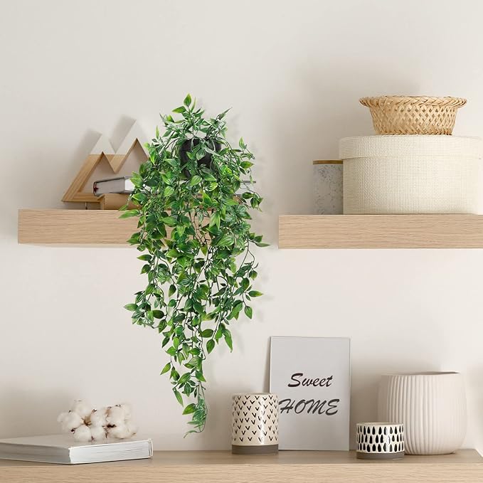 Whonline 2pcs Fake Hanging Plants, Artificial Potted Plants for Indoor Outdoor Aesthetic Office Living Room Shelf Decor WHONLINE
