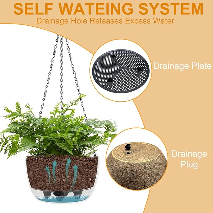 2 Packs Hanging Planters Basket for Outdoor Plants, Solar Powered Self Watering Copper Round Plastic Flower Pots with Drainer for Balcony Patio Garden Outdoor Decoration SUNNYPARK