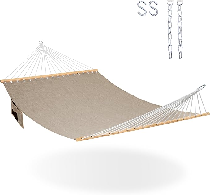 Lazy Daze Hammocks 11 FT Double Outside Hammock Quick Dry Olefin Fabric Hammock with Spreader Bar & Side Pocket for Outdoor Poolside Backyard 450 lbs Capacity, Khaki LazyDazeHammocks