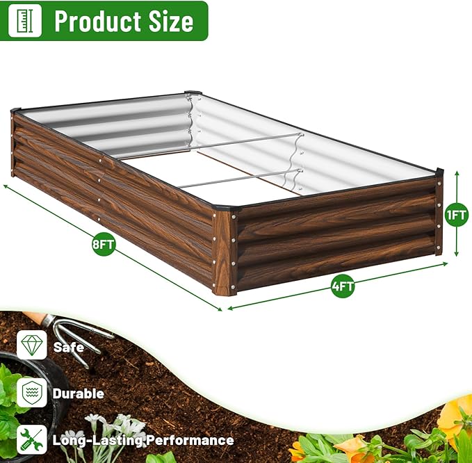 SnugNiture Galvanized Raised Garden Bed 8x4x1FT Outdoor Large Metal Planter Box Steel Kit for Planting Vegetables, Flowers snugniture