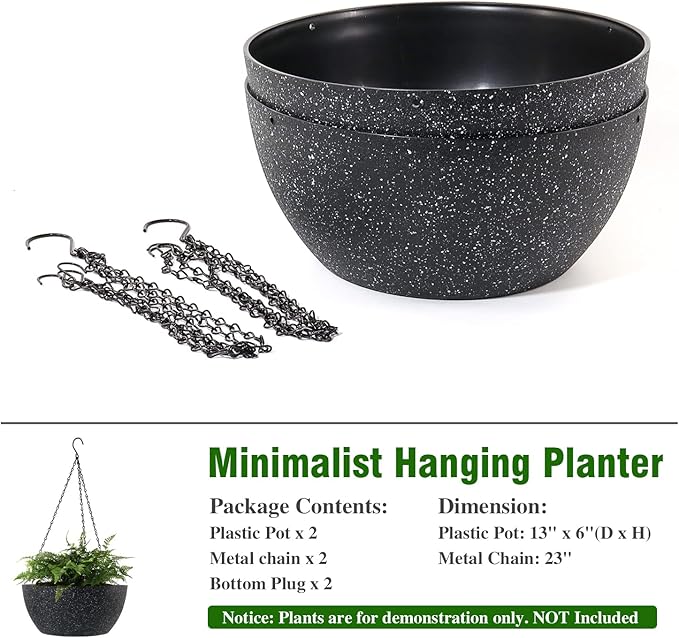 WOUSIWER 13 inch 2Pack Large Hanging Planters for Outdoor Indoor Plants with Drainage Holes and Chain, Round Hanging Flower Pots for Garden Home Porch Decor, Black Speckles WOUSIWER