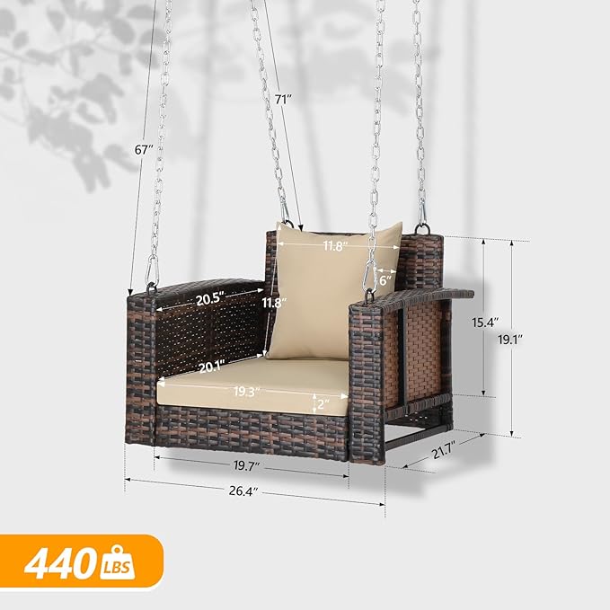 Outvita Porch Swing, 2FT Hanging Outdoor Porch Swings for Adults, Square Wicker 1 Person Patio Swing, with Cushion, Pillow and Chain for Garden, Backyard, Weight Capacity - 440lbs Brown & Khaki Outvita