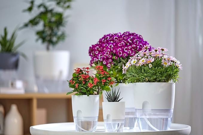 Self Watering Planter for Indoor Plants, 2 Pack 9.3 Inch Flower Pot Modern Decorative Plastic Planter with Extra Large Water Storage for All House Plants, Flowers, Herbs(White) ETGLCOZY