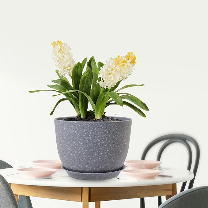 Plant Pots 12 inch, Plastic Planters with Drainage Holes and Saucers, Large Flower Pots for Indoor Outdoor Plants, Modern Decorative Pots for Garden House Plants, Speckled Grey Meowell
