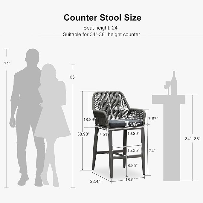 PURPLE LEAF Outdoor 24" Counter Height Bar Stools Chair Set of 2, All Weather Rattan and Aluminum Patio Bar Stool with Cushion for Indoor and Outdoor, Kitchen Island, Smoke Grey PURPLELEAF