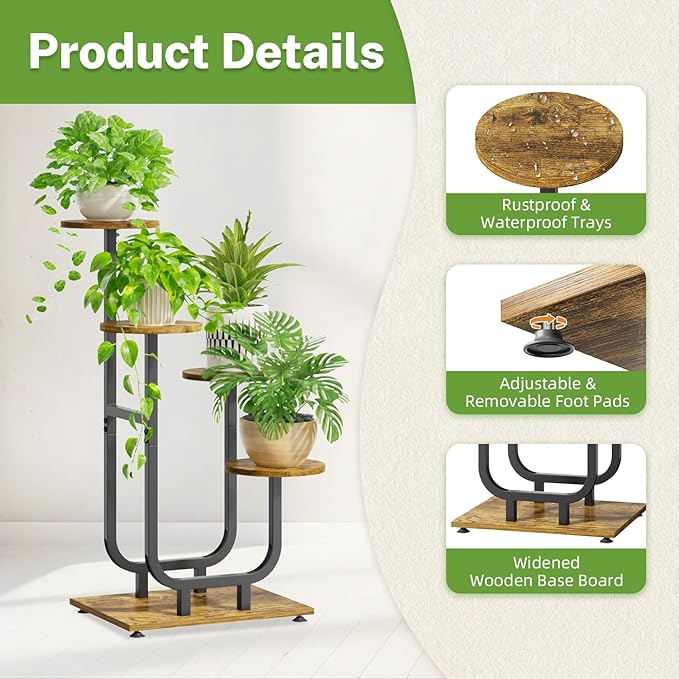 iDavosic.ly 4 Tier Plant Stand Indoor, Corner Tiered Multiple Flower Holder Shelf with Wooden Trays, Orchid Display Metal Rack for Patio Porch Living Room Balcony Outdoor, Modern Black & Rustic Brown iDavosicly