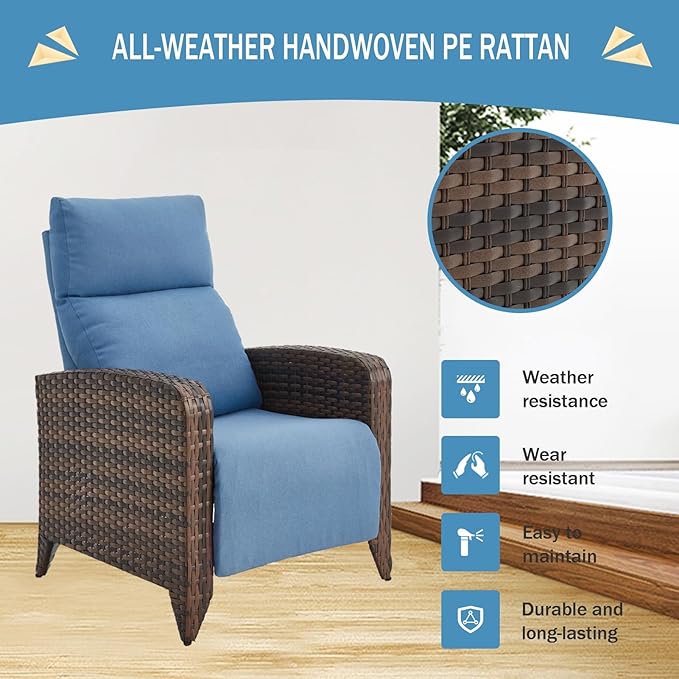 Outdoor Recliner Chairs Set of 2 Reclining Patio Chairs with Adjustable Back and Extended Footrest Wicker Rattan Recliner Chairs with Flip Table and Removable Cushion zzw