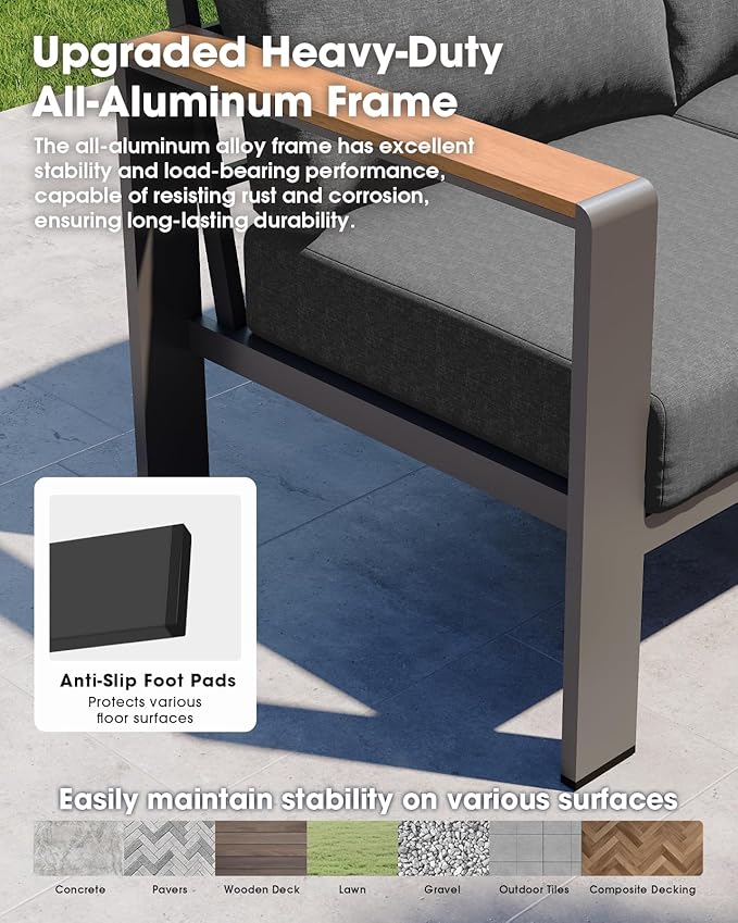 Aluminum Outdoor Patio Furniture Set 8 Seats, Outdoor Sectional Corner Sofa, Patio Conversation Set with Coffee Table & Washable Cushions, Furniture Set for Porch, Balcony, Deck, Graphite ComfCove