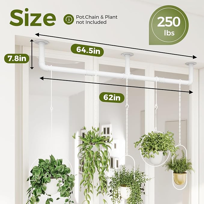 Bamworld Window Plant Hanger Indoor 63in 2PCS Hanging Planters for Indoor Plants Hanging Plants Holder Hanging Rod Window Plant Shelves Wall Planters Pot/Chain/Plant Not Included (White) Bamworld