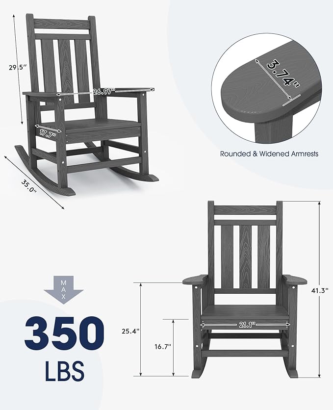 KINGYES Oversized Outdoor Rocking Chair Set of 2, All-Weather Patio Rocking Chairs for Porch, HDPE Outdoor Patio Rockers with High Back & Wide Seat for Garden, Lawn, Gray KINGYES