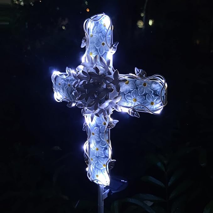 38Inch Solar Cross Garden Lights Outdoor Decorative - Solar Metal&Glass Cross White Hydrangea Flower Stake Lights- Waterproof 20 Warm White LED for Remembrance Gifts & Sympathy Gifts. COOZZYHOUR