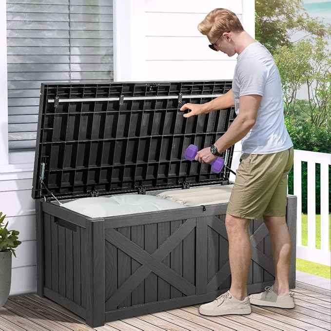 YITAHOME 150 Gallon Large Deck Box with X-Shaped Front, Resin Outdoor Storage Boxes, Waterproof Cushion Storage Bench for Patio, Pool Supplies, Garden Tools - Lockable, Dark Gray