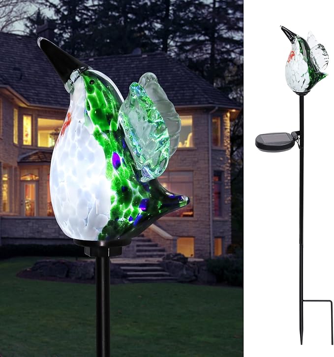 Afirst Decorative Solar Lights Outdoor Solar Hummingbird Stake Lights Hand Blown Glass Decorative Garden Pathway Light Outdoor Waterproof Glass Stakes Green Afirst