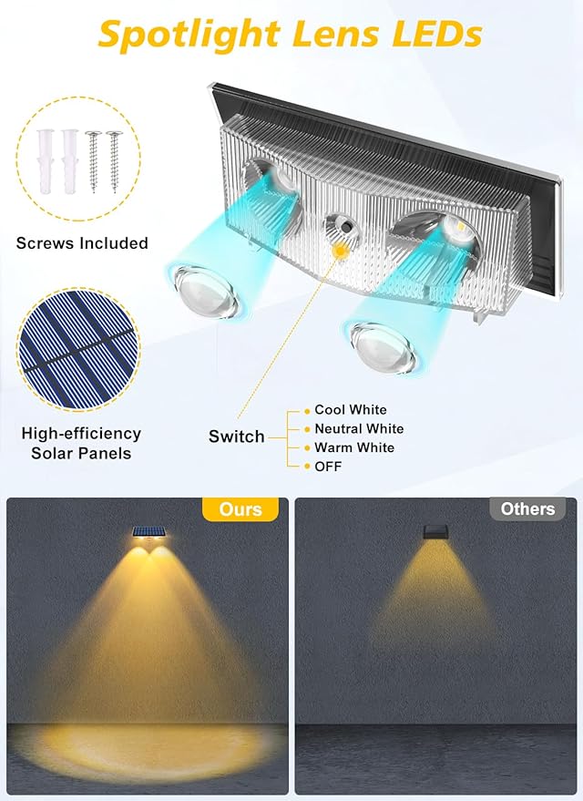 Solar Fence Lights Outdoor - 3000K/4000K/6000K 3 Color Modes, IP65 Waterproof Fence Lights Solar Powered Outdoor, Solar Powered Wall Light for Outside Porch Step Wall Stair Patio Yard (12 Pack) CREPOW