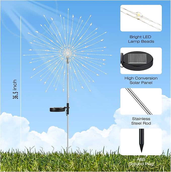 Garden Decor Solar Lights Outdoor,155LED 8 lighting modes pole light Waterproof White Solar Garden Lights for Christmas, Halloween Decoration,Yard, Patio, Porch,Flower Pot,Pathway (2Pack) Rootora