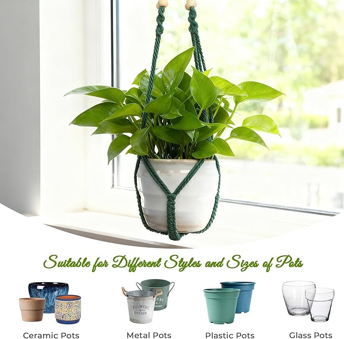 Macrame Plant Hanger,Up to 4-15 inch Pots, Wood Beads Cotton Hanging Planter Holder for Indoor Outdoor Boho Home Decor, 35 Inch, Ivory, Set of 2 (Green) Rootora