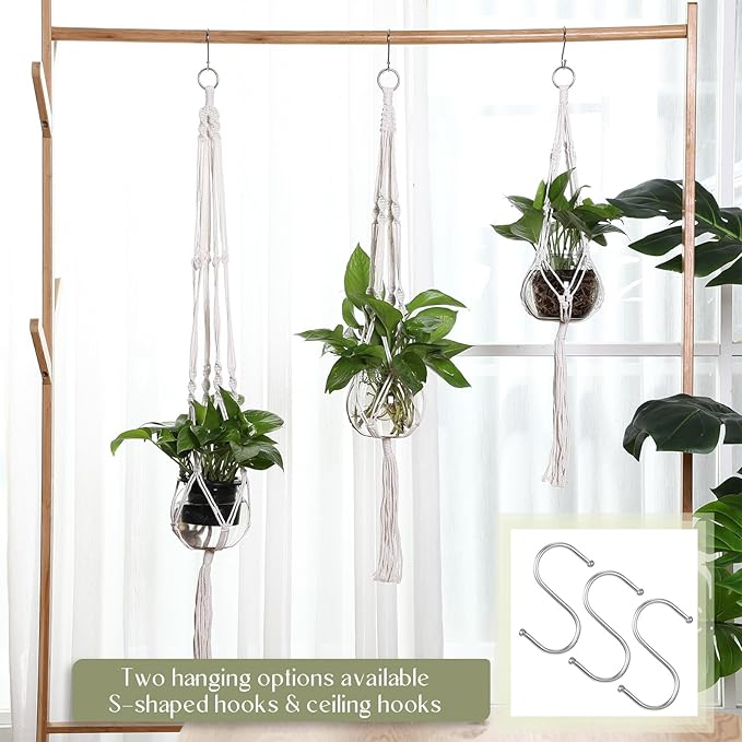 6 Pcs Boho Macrame Plant Hanger with Small Plastic Pot Hanging Plant Holder Wall Planter Propagation Station Include Hooks Kit for Indoor Home Garden Office Decor 3 Size (White) Colingmill