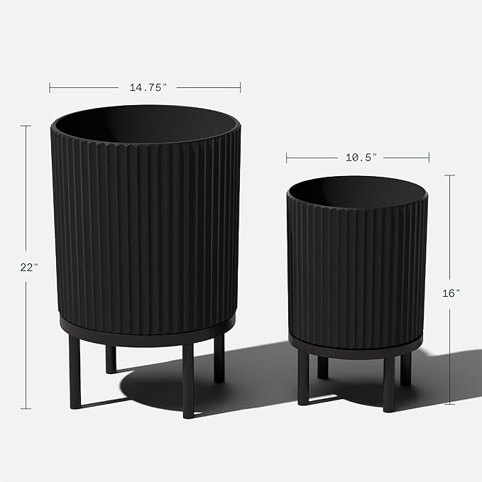 Veradek Demi Series Round Planter w/Stand for Porch/Patio | Durable Plastic-Stone Composite & Wooden Stand | Modern Décor for Tall Plants, Flowers VeradekOutdoor