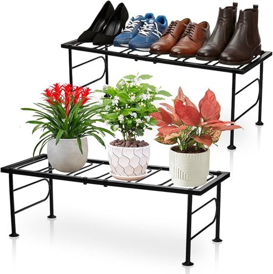 2 Pack Metal Plant Stand Indoor Outdoor, 1 Tier Heavy Duty Flower Pot Stands, Space-Saving Ladder Planter Holder, Decorative Flower Display Rack for Patio Living Room Garden Corner Balcony YIMITEE