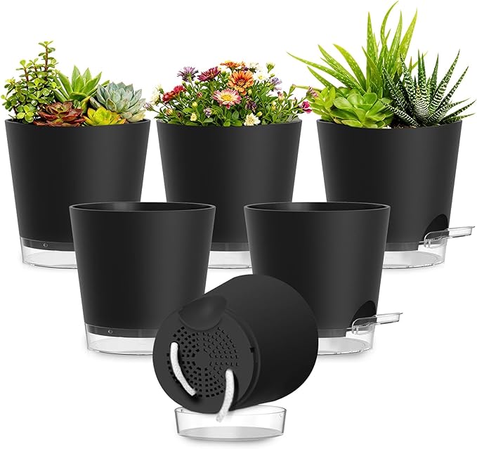Plant Pots 7 Inch Self Watering Pots, 6 Pack Plastic Planters with Drainage Holes and Clear Saucers,Plastic Flower Pots for Indoor Out Door Plants (Black) SQKH