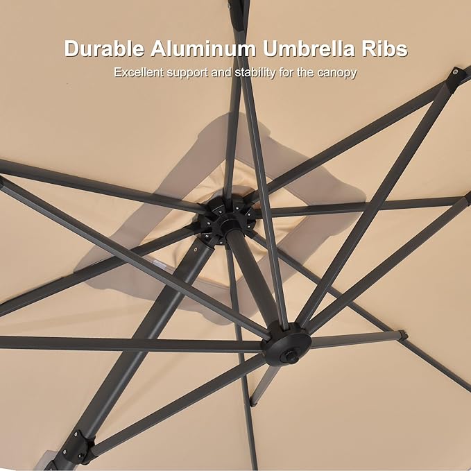 PURPLE LEAF 8' X 8' Patio Umbrella with Wheeled Base for Pool 7' High Offset Outdoor Cantilever Umbrella Swimming Pool Umbrella with 360°Rotation for Poolside Beige PURPLELEAF