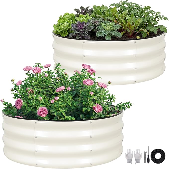 ZORMY Galvanized Raised Garden Bed Outdoor, Round Metal Planter Boxes 2 Pcs, 3x3x1ft Steel Raised Bed Kit for Planting Vegetables, Fruits, Flowers(White) ZORMY