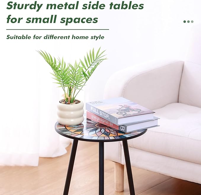 Party Zealot 1 Pack Metal Mosaic Round Side Table Small 13.4" End Patio Round Accent Table Garden Corner Stand for Small Spaces Weather-Resistant for Balcony Plant Stand Indoor Outdoor PartyZealot