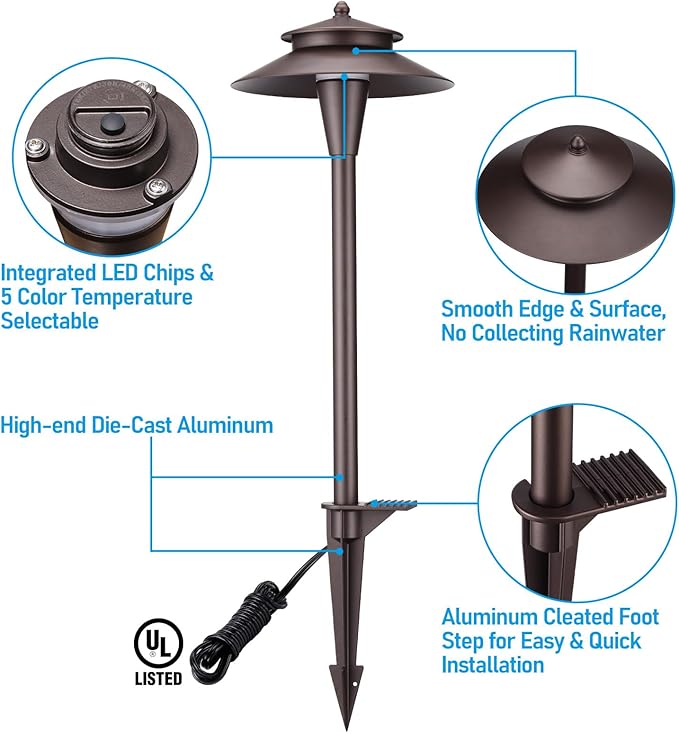 LEONLITE 5CCT Low Voltage Pathway Lights, 12-24V LED Landscape Path Light, 1800/2700/3000/4000/5000K, Double Layer, CRI90, IP65 Waterproof Landscape Lighting, Aluminum, Oil Rubbed Bronze, Pack of 6 LEONLITE