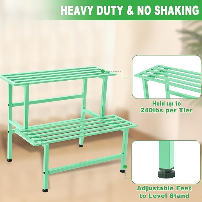 Metal Plant Stand Outdoor Plant Shelf Indoor,2 Tier Heavy Duty Ladder Plant Stands for Multiple Plants,26" L x 20.25" H x 17.75" W,Mint Green Dipion