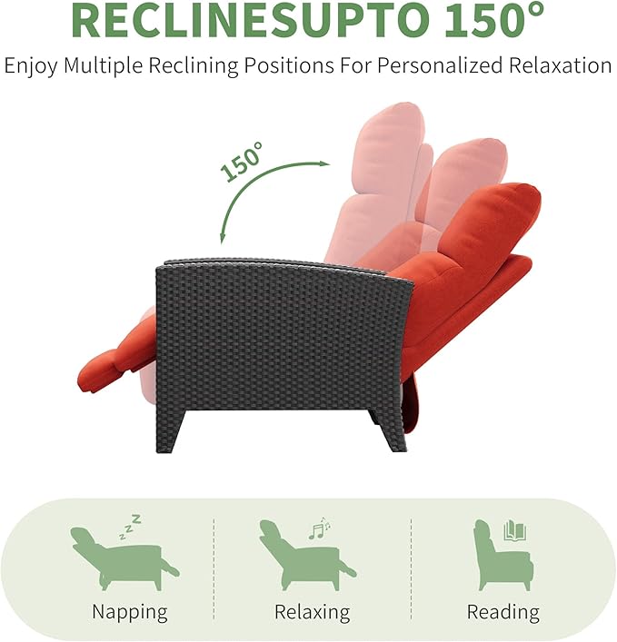 IDEALHOUSE Wicker Outdoor Recliner Reclining Patio Chairs with Adjustable Back & Footrest 150° Lay-Flat Reclining with Air Pump Rattan Flip-Up Side Table Outdoor Lounge Chairs for Pool Deck Balcony IDEALHOUSE