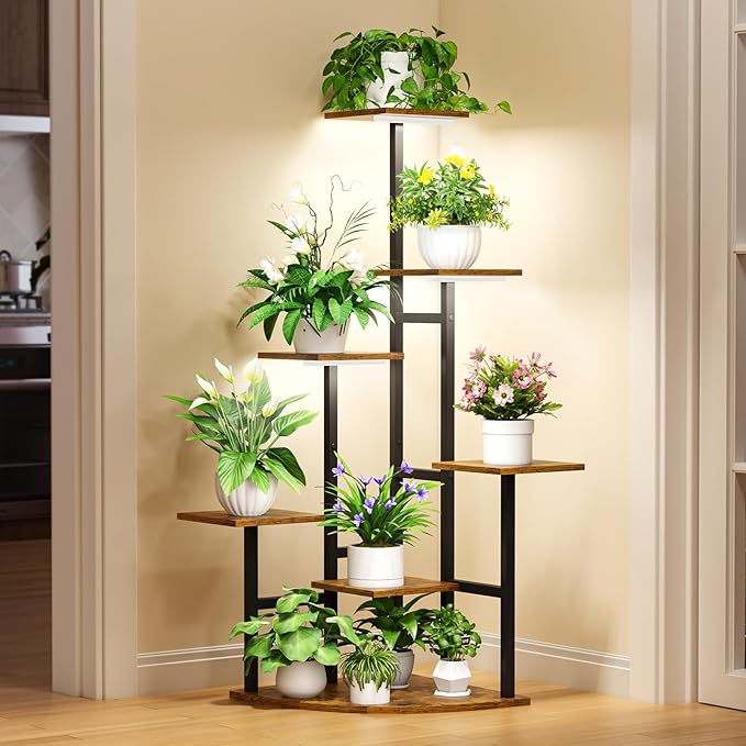 Corner Plant Stand Indoor with Grow Lights, 7 Tiered Plant Shelf Indoor, 43" Corner Plant Stands for Indoor Plants, Metal Plant Flower Display Shelves, Plant Organizer Rack for Living Room, Balcony, Home Decor Nedechom