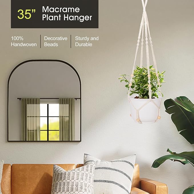 RIFNY Macrame Plant Hanger for 5 to 10 Inch Plant Pots, 35 Inch Indoor Handmade Woven Rope Hanger Kits with Hooks and Wood Beads, Hanging Planter Basket Holder for Boho Home Decor (White, 3 Pack) RIFNY