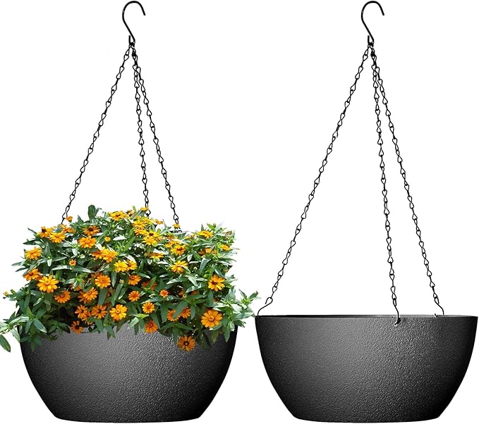 10 inch Hanging Planters for Outdoor Indoor Plants with Drainage Holes and Chain, 2 Pack Round Hanging Flower Pots for Garden Home Porch Decor, Black WSMKSZ
