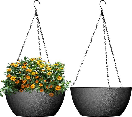10 inch Hanging Planters for Outdoor Indoor Plants with Drainage Holes and Chain, 2 Pack Round Hanging Flower Pots for Garden Home Porch Decor, Black WSMKSZ
