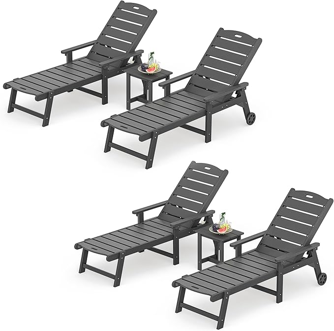 LUE BONA Chaise Lounge Chair with Table, 6-Piece, HDPS Chaise Lounger, 5 Positions Adjustable Lounge Chairs, Pool Lounge Chair with Wheels for Poolside, Backyard, Dark Gray LUEBONA