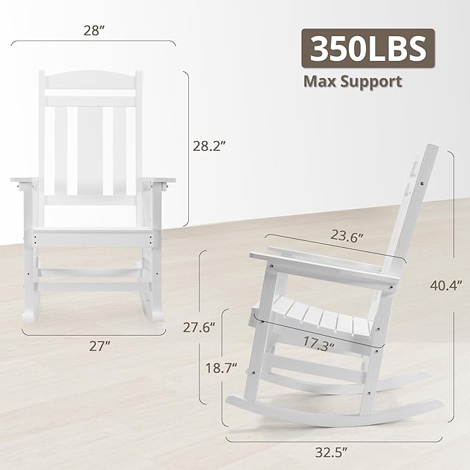 LUE BONA Outdoor Rocking Chairs Set, 3-Piece, HDPS Poly Porch Rockers with Table, Plastic Weather Resistant Rocking Chair Set for Outdoor Indoor, Garden, Backyard, 350lb,White Chairs+Table LUEBONA
