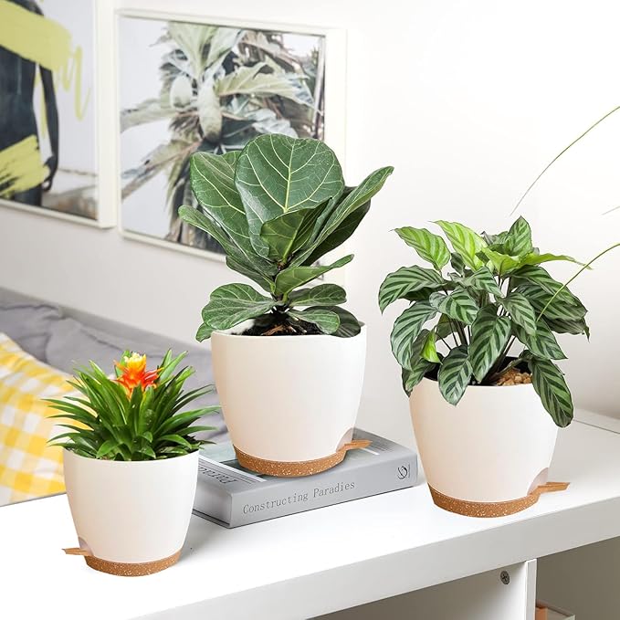 Self Watering Planters with Drainage Holes Reservoir,Nursery Planting Pot for Indoor Decor Garden Plants Succulents,Snake Plant, African Violet,Plastic Flower Pots Set 7+6.5+6+5.5+5 Inch (White) STSTECH