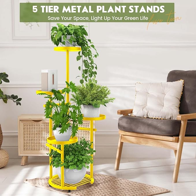 TOSKING 5 Tier Metal Plant Stand Indoor， Plant Shelf, Corner Shelf Flower Pot Stand for Outdoor Plant Stand for Living Room Balcony Garden Patio Bedroom (yellow, 38in) TOSKINGESSENCE