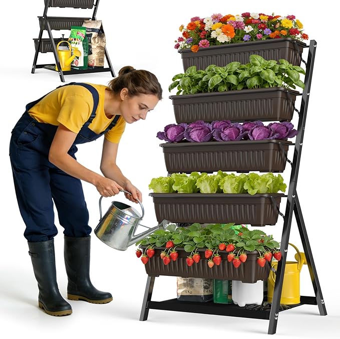 5-Tier Vertical Garden Bed Planter Boxes with Drainage System & Storage Space, Freestanding Vertical Garden Planter with 5 S-Hooks for Plants Vegetables Flowers Herbs in Garden Patio Yard Rootora